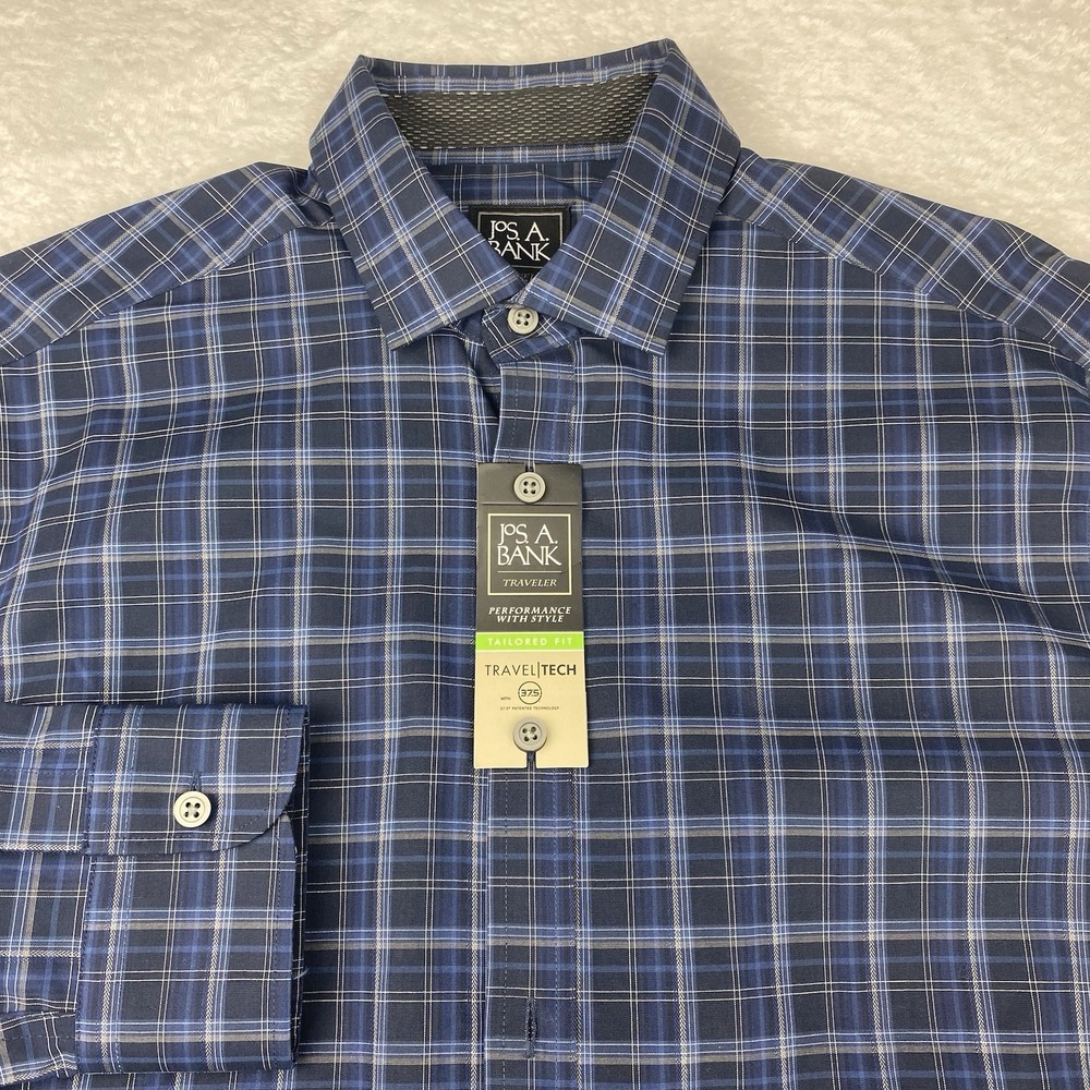 Jos. A. Bank Travel-Tech Dress‎ Shirt Mens Medium Blue Checks Tailored Fit NWT!